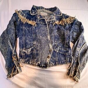 Learsi S Acid Wash Denim Jean Jacket Blue Fringe LaceUp Western 80s Retro Grunge